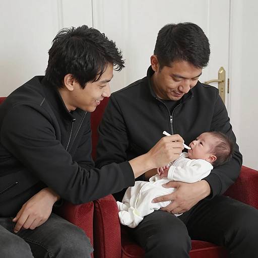 Two Men Feeding Newborn Baby Indoors