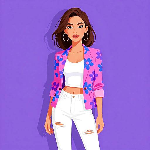 Digital illustration of a woman with long brown hair, wearing a pink floral jacket, white crop top, and ripped white jeans, standing against a solid purple