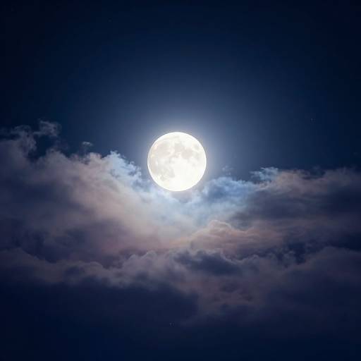Photograph of a bright full moon partially obscured by dark, fluffy clouds against a deep blue night sky.