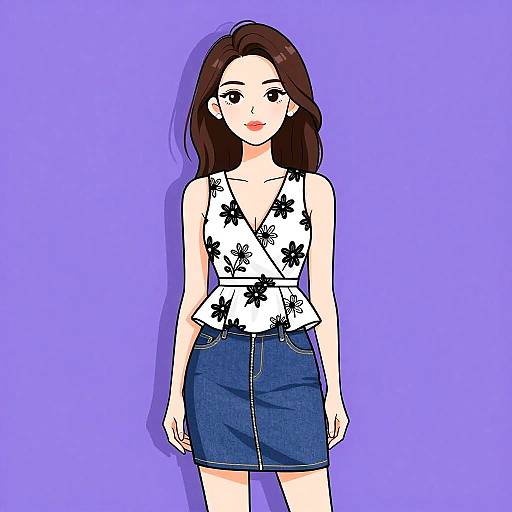 Digital anime-style drawing of a fair-skinned woman with long brown hair, wearing a white floral top and blue denim skirt, against a solid purple background
