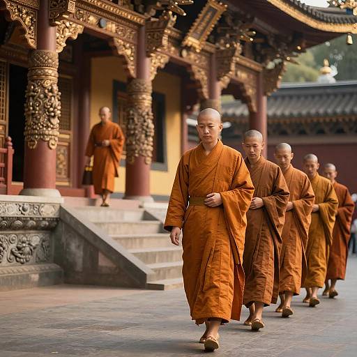 Bald Monks Walking by Carved Temple