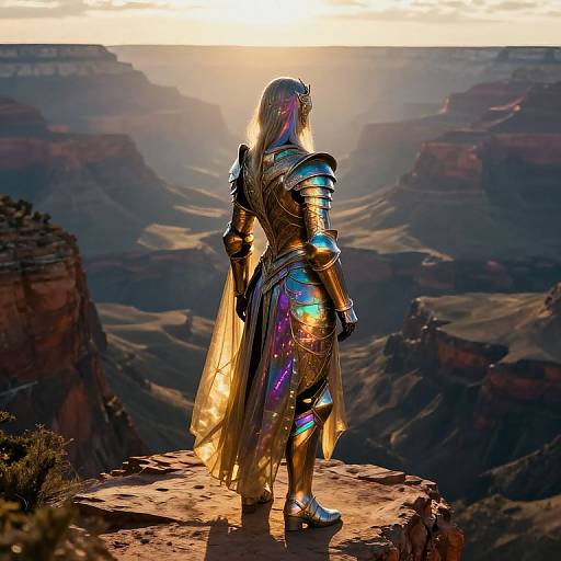 A shiny, reflective knight in golden armor stands on a cliff, gazing over a sunlit, vast canyon landscape at sunset.