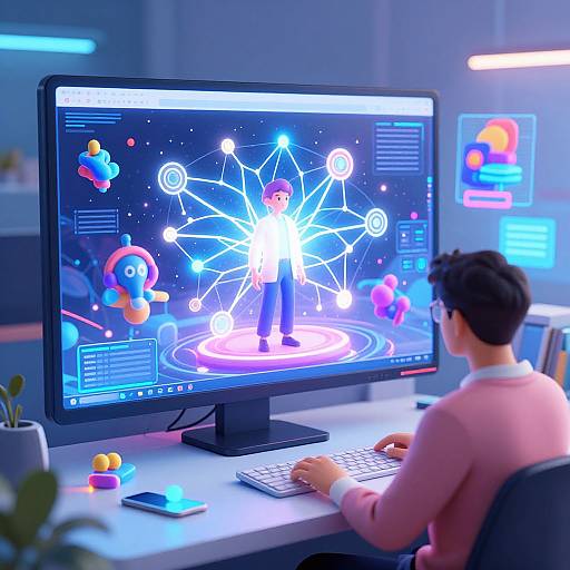 Digital CGI image of a man in a pink shirt working at a desk, using a computer displaying a glowing, neon network diagram with colorful icons and elements