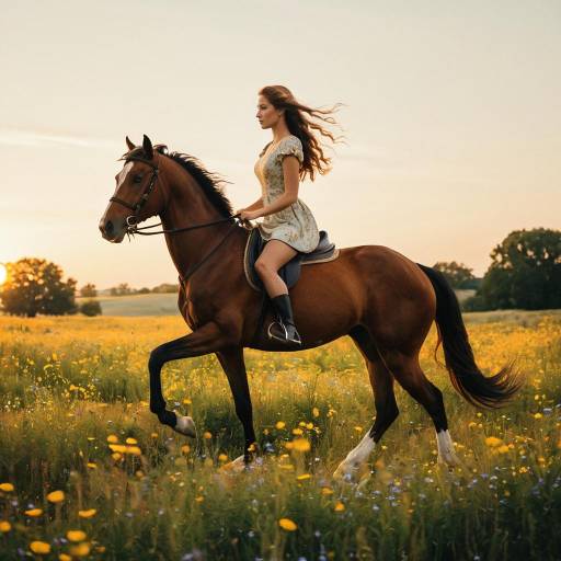 Young Woman Riding Horse in Wildflower Meadow