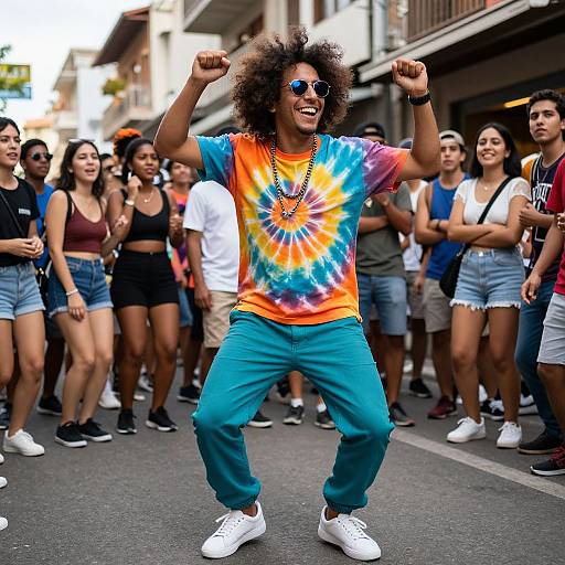 Photograph of a smiling, curly-haired man in a tie-dye shirt and turquoise pants, dancing energetically in a crowded urban street.