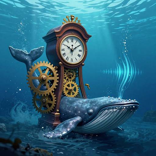 Digital artwork: Steampunk clock with gears, mounted on a swimming blue whale, underwater, sunlight filtering through, surrounded by bubbles.
