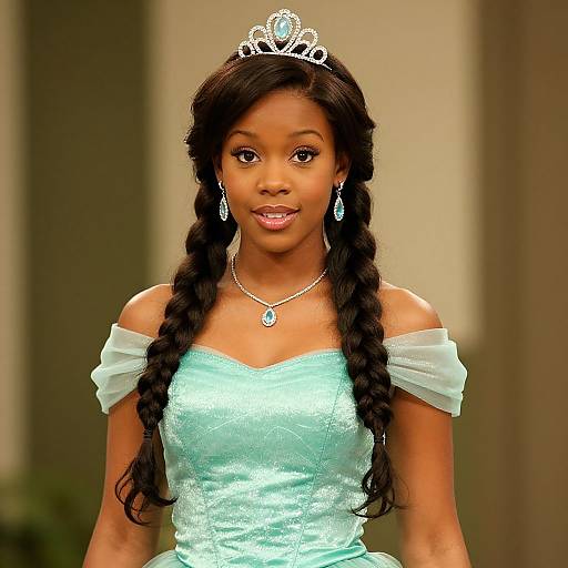 Photograph of an African-American princess with long braided hair, wearing a turquoise off-shoulder dress, silver tiara, and teardrop
