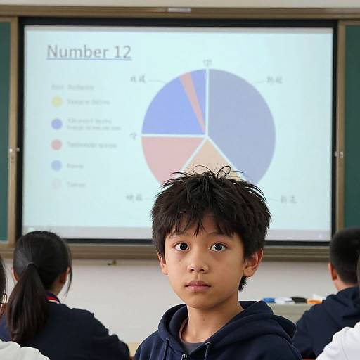 Photograph of an Asian boy with messy black hair, wearing a black hoodie, seated in a classroom, looking at a projector screen displaying a colorful pie