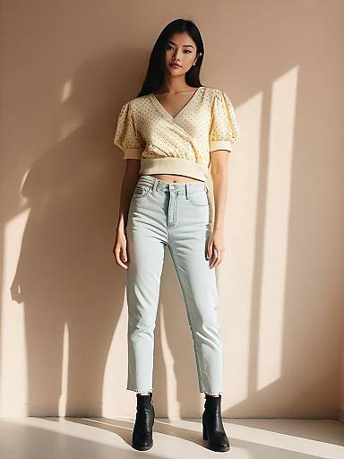 Woman in Casual Chic Outfit with Yellow Sweater and Jeans