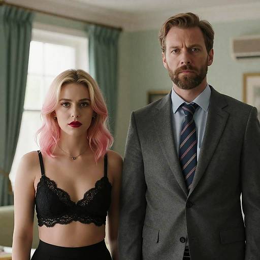 Photograph of a serious-looking bearded man in a gray suit and striped tie standing beside a blonde woman with pink hair, wearing a black lace bra