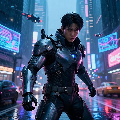 Digital artwork of a rain-soaked, futuristic city street featuring a muscular, black-haired man in a sleek, black armored suit with glowing blue accents,