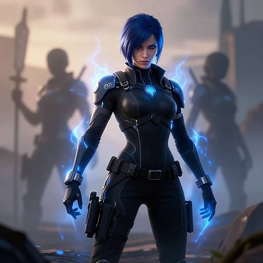 CGI image of a blue-haired, armored woman with glowing blue energy and cybernetic details, standing confidently amidst silhouetted figures in a