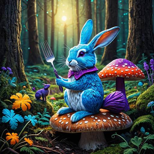 Whimsical Blue Rabbit in Magical Forest Whimsical Blue Rabbit in Magical Forest