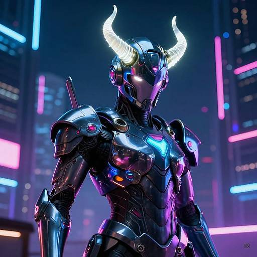 Digital art of a futuristic, armored, horned robot with glowing neon accents and vibrant city lights in the background.