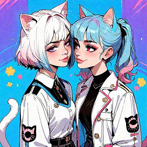 Anime Style Two Cat Girls Close-Up