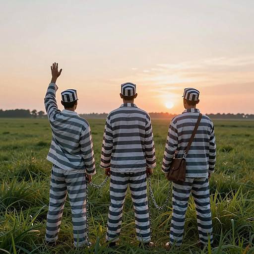 Men in Prison Uniforms at Sunset
