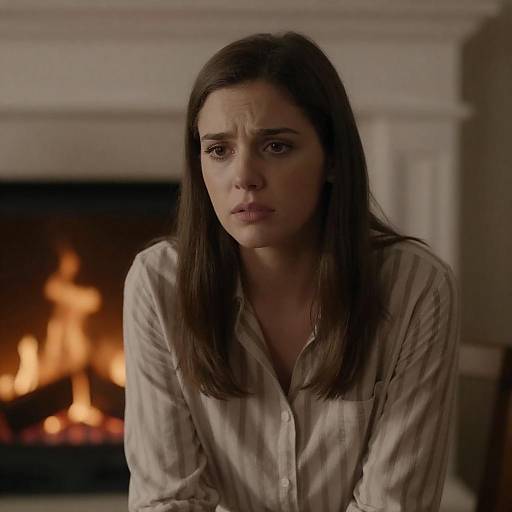 Concerned Young Woman by a Fireplace