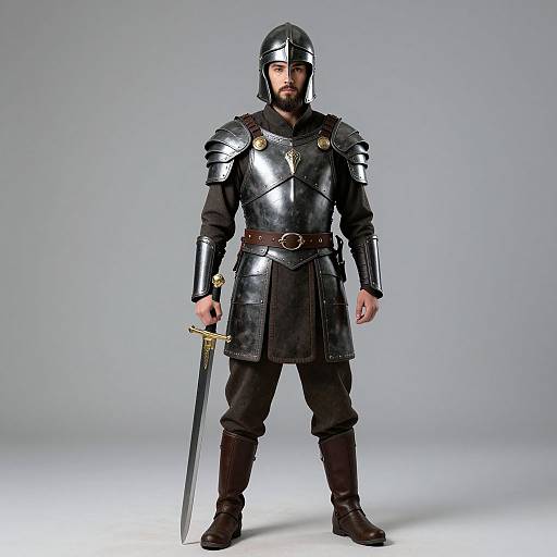 Photograph of a bearded man in medieval armor, including black steel helmet, shoulder plates, leather tunic, brown belt, boots, and holding