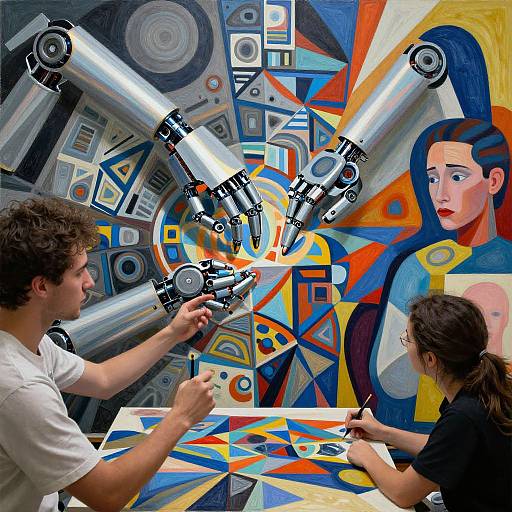 Photograph of two artists painting a vibrant, abstract, geometric mural with a surreal, multi-eyed woman and colorful patterns.