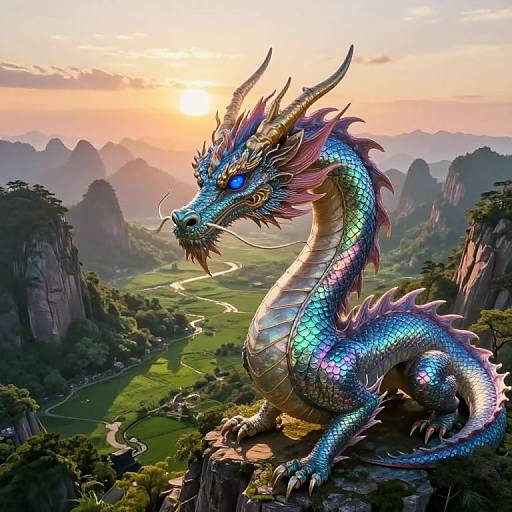 Digital artwork of a vibrant, iridescent blue and purple dragon with glowing eyes, perched on a mountain ledge, overlooking a lush valley and winding