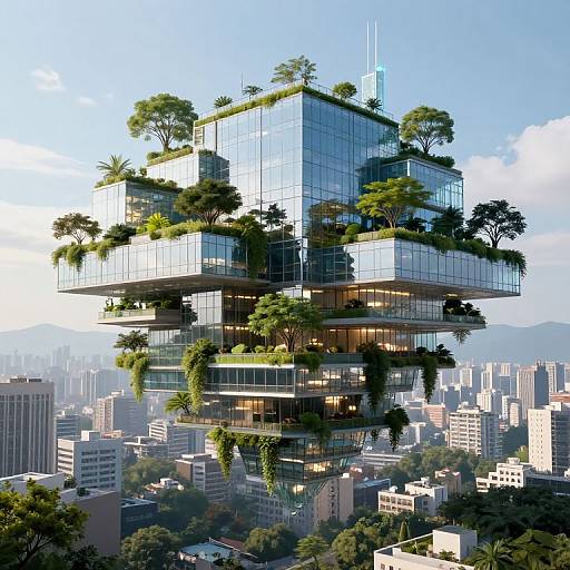Photograph of a futuristic, multi-tiered skyscraper with glass facades and lush greenery, surrounded by urban buildings and mountains in the background.