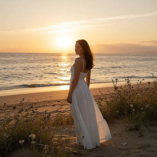 Photograph of a woman in a flowing white dress standing on a beach at sunset, silhouetted against the glowing orange sky and sparkling ocean.