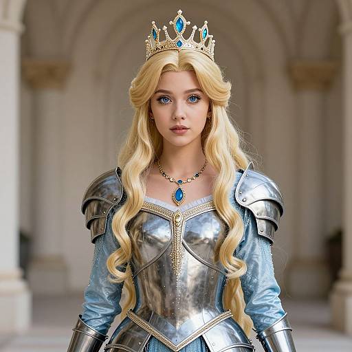 Digital art of a blonde princess with blue eyes, wearing a gold crown, blue gemstone necklace, and shiny silver armor, standing in a grand ar