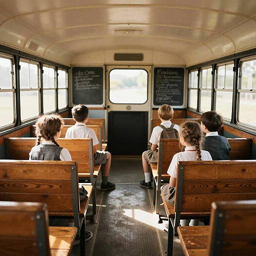 Vintage 1920s School Bus Interior with Children