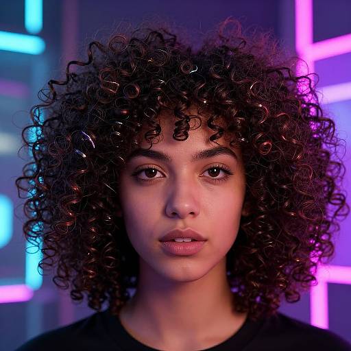 Photograph of a young woman with medium brown curly hair, medium skin tone, and brown eyes, set against a neon-lit background with blue and