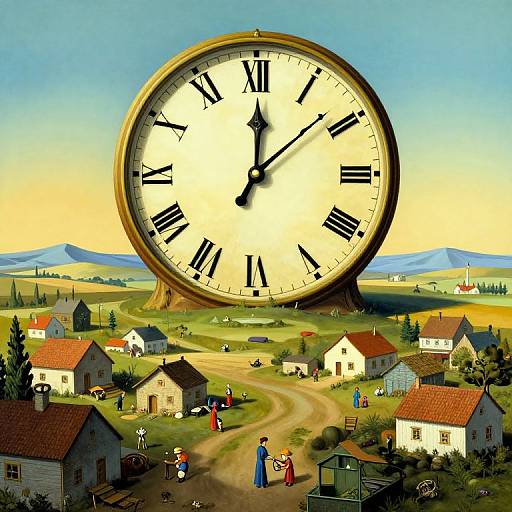 Digital illustration of a giant clock tower over a quaint village with colorful houses, people, and a winding path under a blue sky.