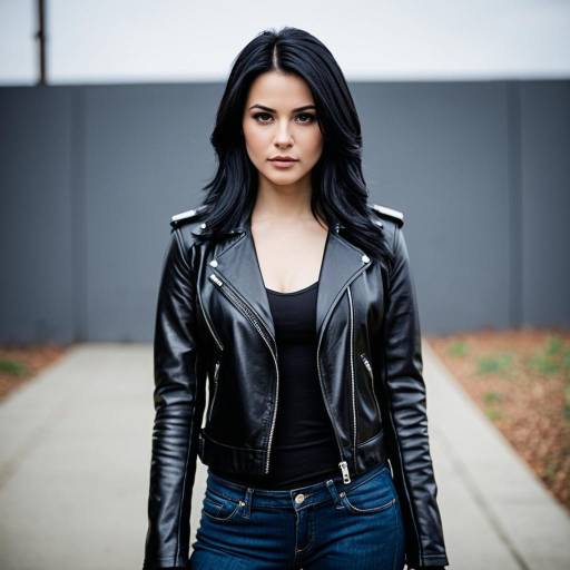 Confident woman in black leather jacket and jeans