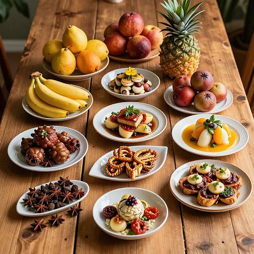 Photograph of a wooden table with various fresh fruits, breakfast dishes, and spices, including bananas, pineapple, waffles, and star anise.