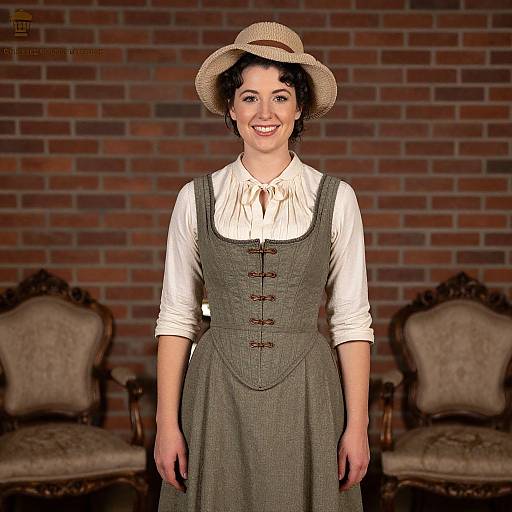 Photograph of a smiling woman with pale skin, dark curly hair, wearing a beige hat, white blouse, and grey pinafore dress, standing