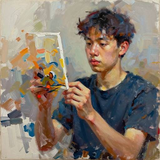 Digital painting of an Asian man with short, dark hair, wearing a black t-shirt, holding a colorful abstract painting, focusing intently. Brushst