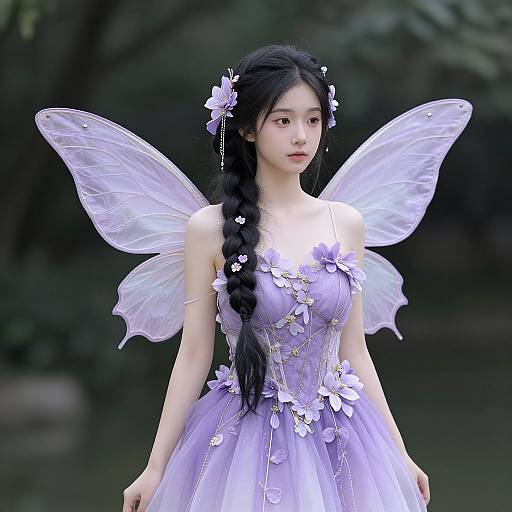 Photograph of an East Asian fairy with long black braided hair, pale lavender dress, flower accents, and translucent wings, standing in a dark forest