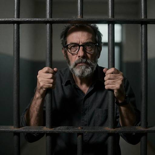 Somber Older Man Behind Prison Bars