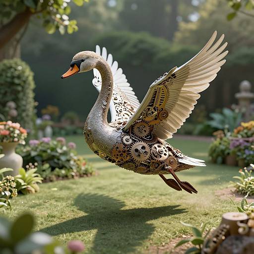 Photograph of a geese with gears and clock mechanisms on its body, wings spread, flying over a sunlit garden.