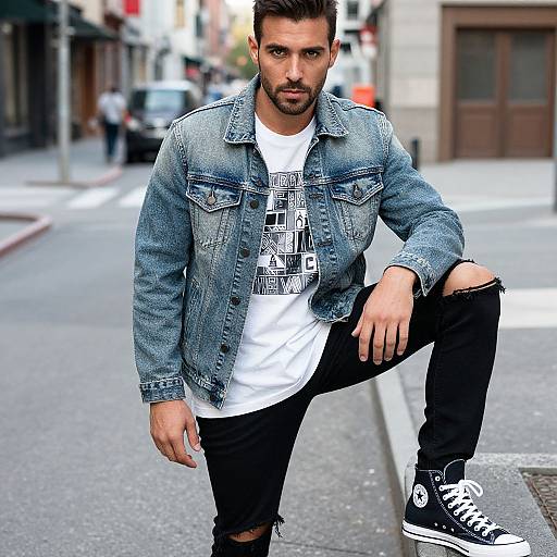 Photograph of a muscular, bearded man with short brown hair, wearing a denim jacket, white graphic tee, ripped black jeans, and black sneakers