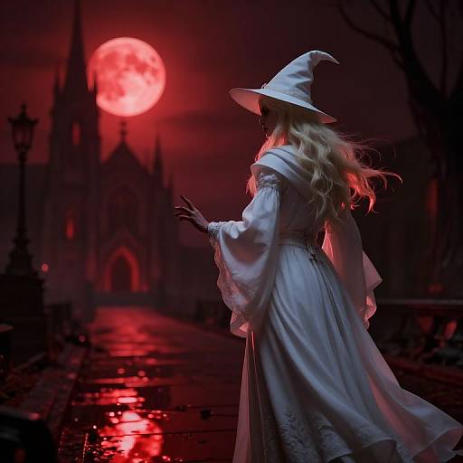 Photograph-style digital art: Witch in white robe and hat, facing red full moon, standing on wet, reflective path, dark gothic castle in