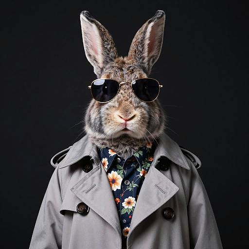 Photograph of a anthropomorphic rabbit with gray-brown fur, wearing black aviator sunglasses, a floral shirt, and a light gray trench coat,