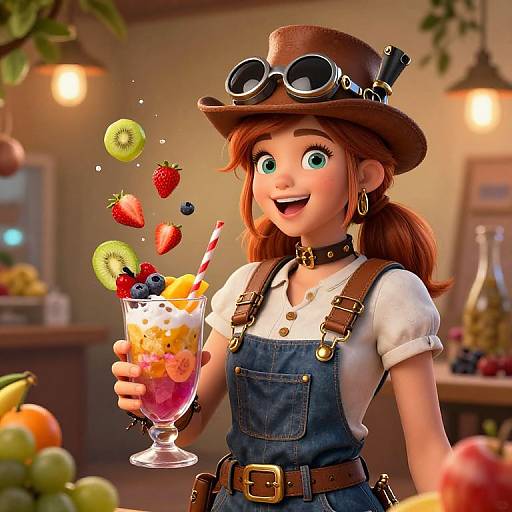Steampunk Girl Making Fruit Smoothie