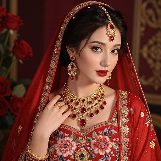 Photograph of an elegant Asian bride in a red floral embroidered saree and gold jewelry, with a red veil, red lipstick, and red roses in