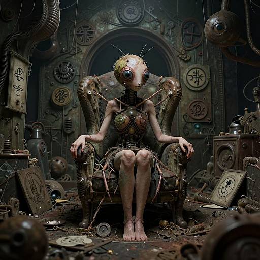 Digital artwork of a humanoid insect creature with large eyes, sitting on a mechanical chair in a dark, cluttered, steampunk-style room filled with