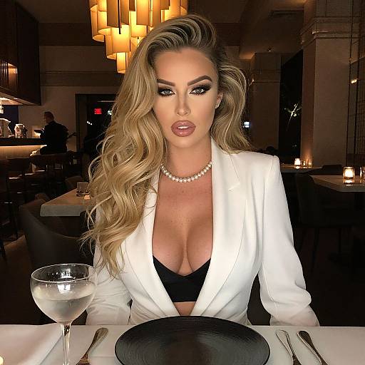 Photograph of a blonde woman with wavy hair, wearing a white blazer over a black top, pearl necklace, sitting at a dimly-l