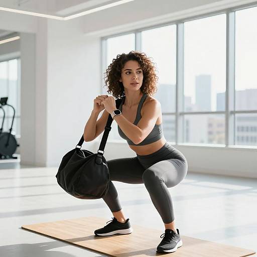 Photograph of a curly-haired woman with medium brown skin, wearing a gray sports bra and black leggings, squatting in a bright gym with large windows