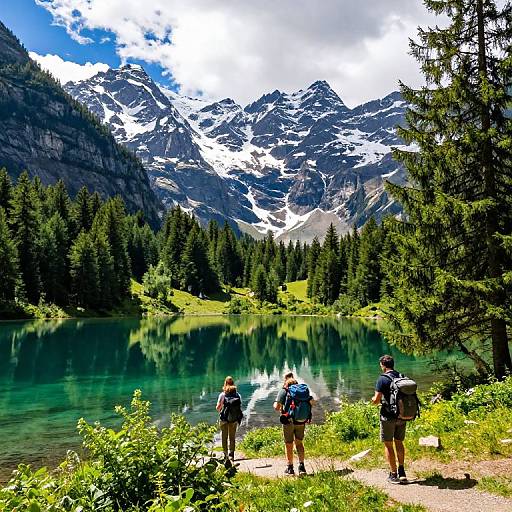 Hikers by Alpine Lake with Snow-Capped Mountains