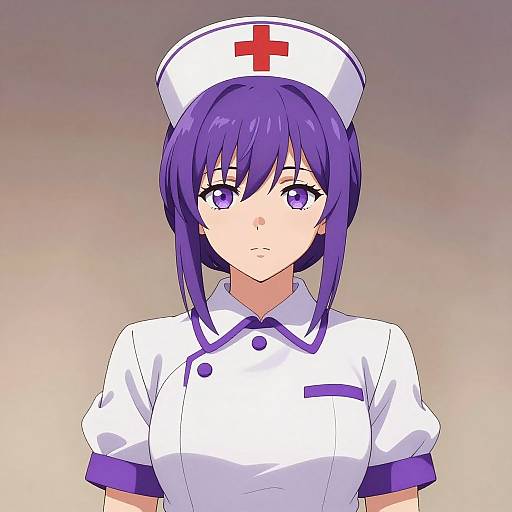 Anime-style digital drawing of a purple-haired nurse with purple eyes, wearing a white uniform with a red cross hat, and a serious expression. Background is