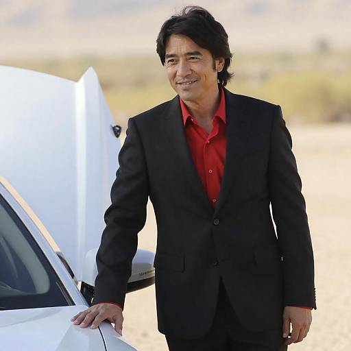 Smiling Man in Black Suit by Car