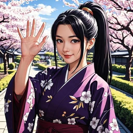 Anime Woman in Maroon Kimono Waving