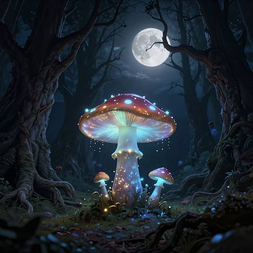 Digital artwork of glowing, bioluminescent mushrooms under a full moon in a dark, mystical forest with twisted trees and enchanted fairy lights.